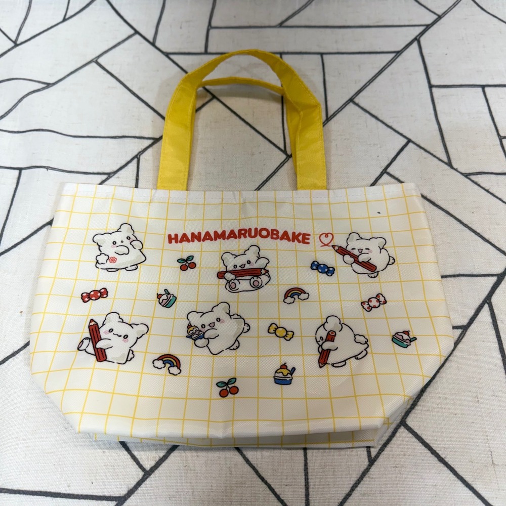 Sanrio Hanamaruobake Mini Tote Bag Small Yellow White Ghost Grid Print